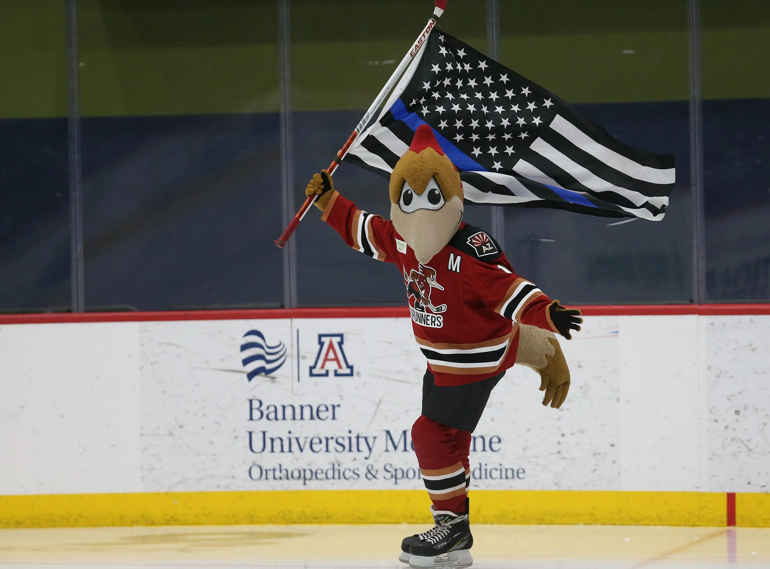 A mascot in hockey gear holding an American flag at an ice hockey rink, with a Banner University Medicine advertisement on the boards.