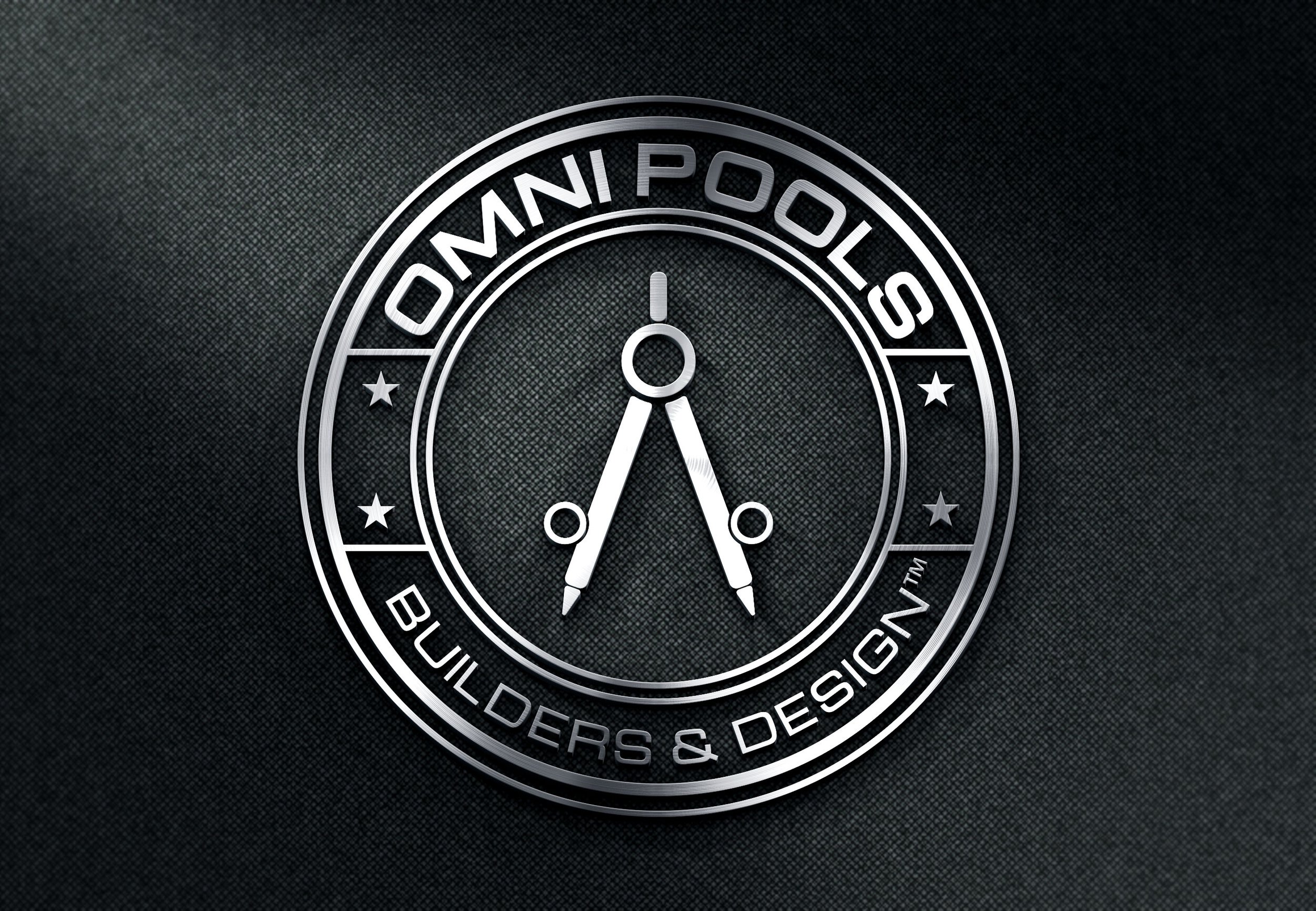 A metallic circular logo with a clock design, featuring the words 'OMNI POOLS' at the top and 'BUILDERS & DESIGN' at the bottom, against a dark textured background.