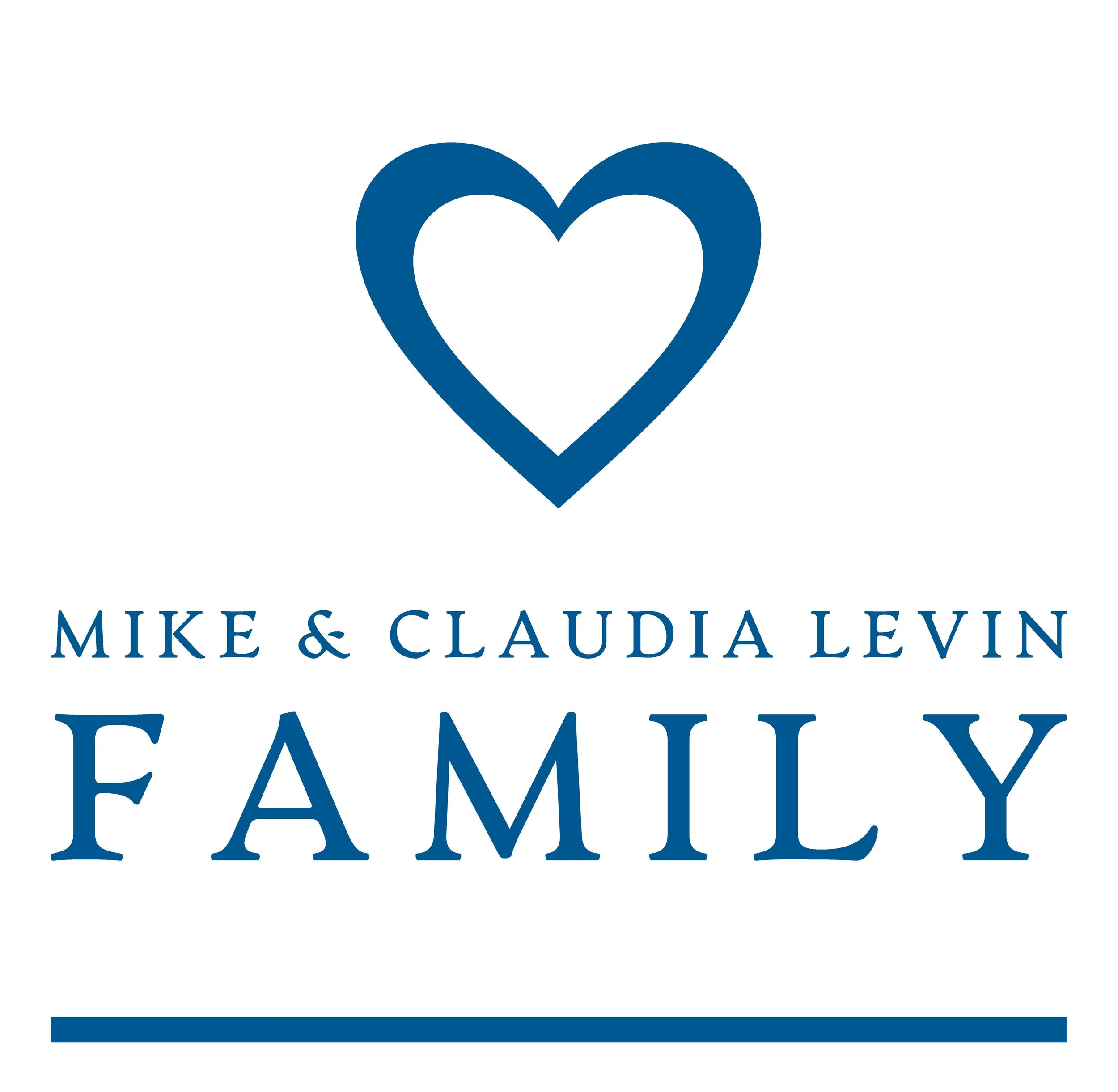 Family logo with a blue heart outline and the text 'Mike & Claudia Levin Family' in blue