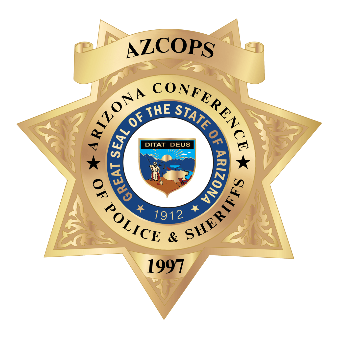 Gold badge with a blue circle in the center featuring the Arizona state seal, surrounded by black text indicating Arizona police and sheriff departments, with a ribbon at the top reading AZCOPS and the year 1997 at the bottom.