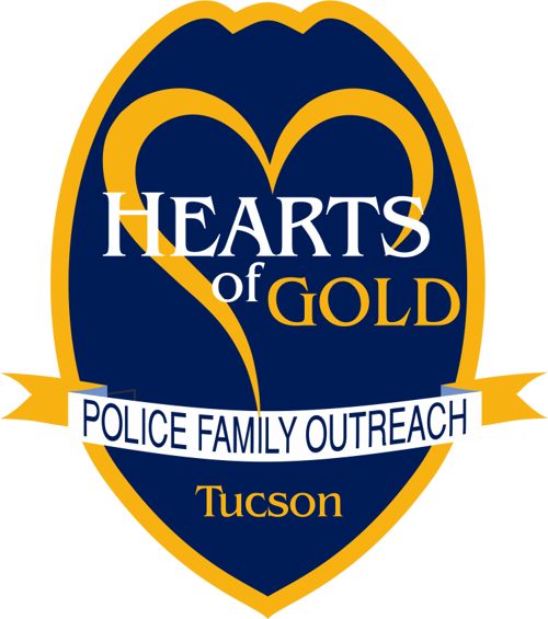 A badge for Hearts of Gold Police Family Outreach in Tucson featuring a heart outline and gold and blue colors.