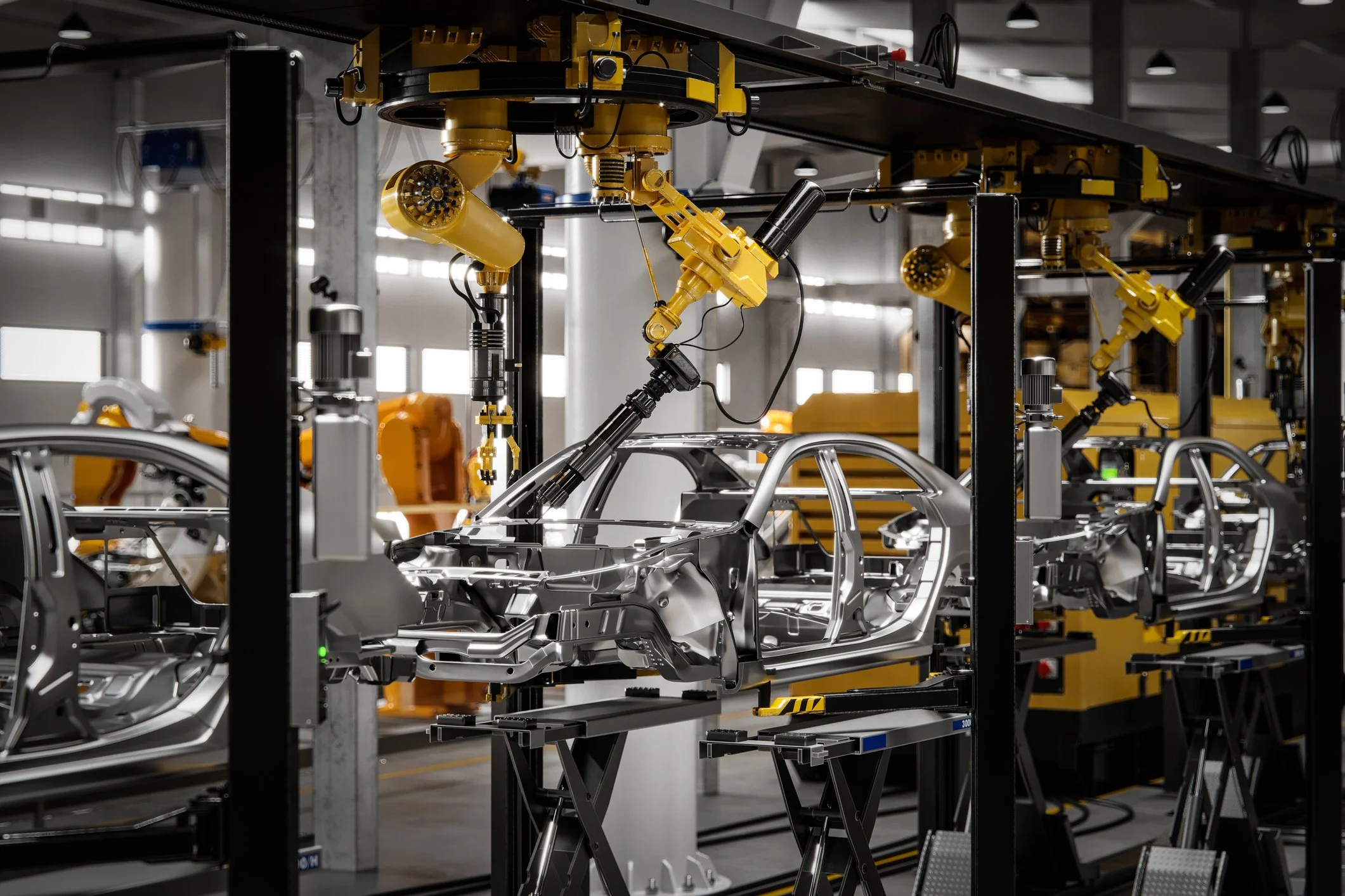 Robotic welding cell assembling automotive body with precision metal components.