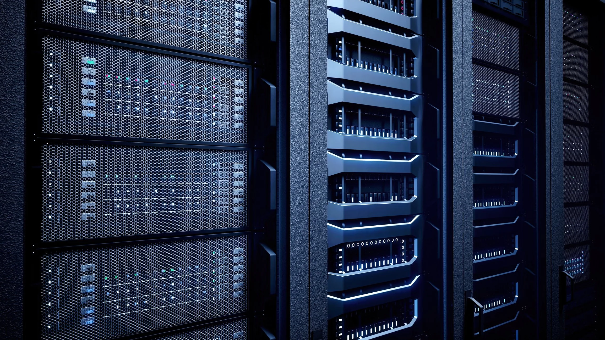 Close-up of high-density server racks with perforated metal panels in data center.
