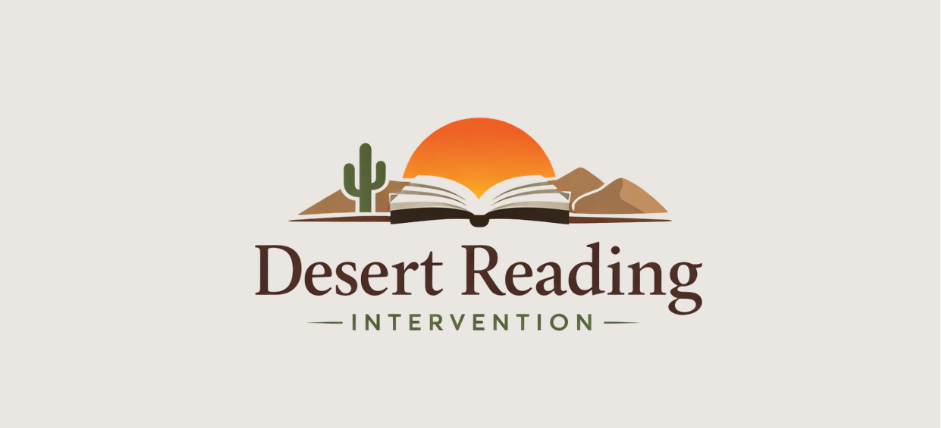 Logo for Desert Reading Intervention, featuring a desert scene with a cactus, mountains, a setting sun, and an open book.