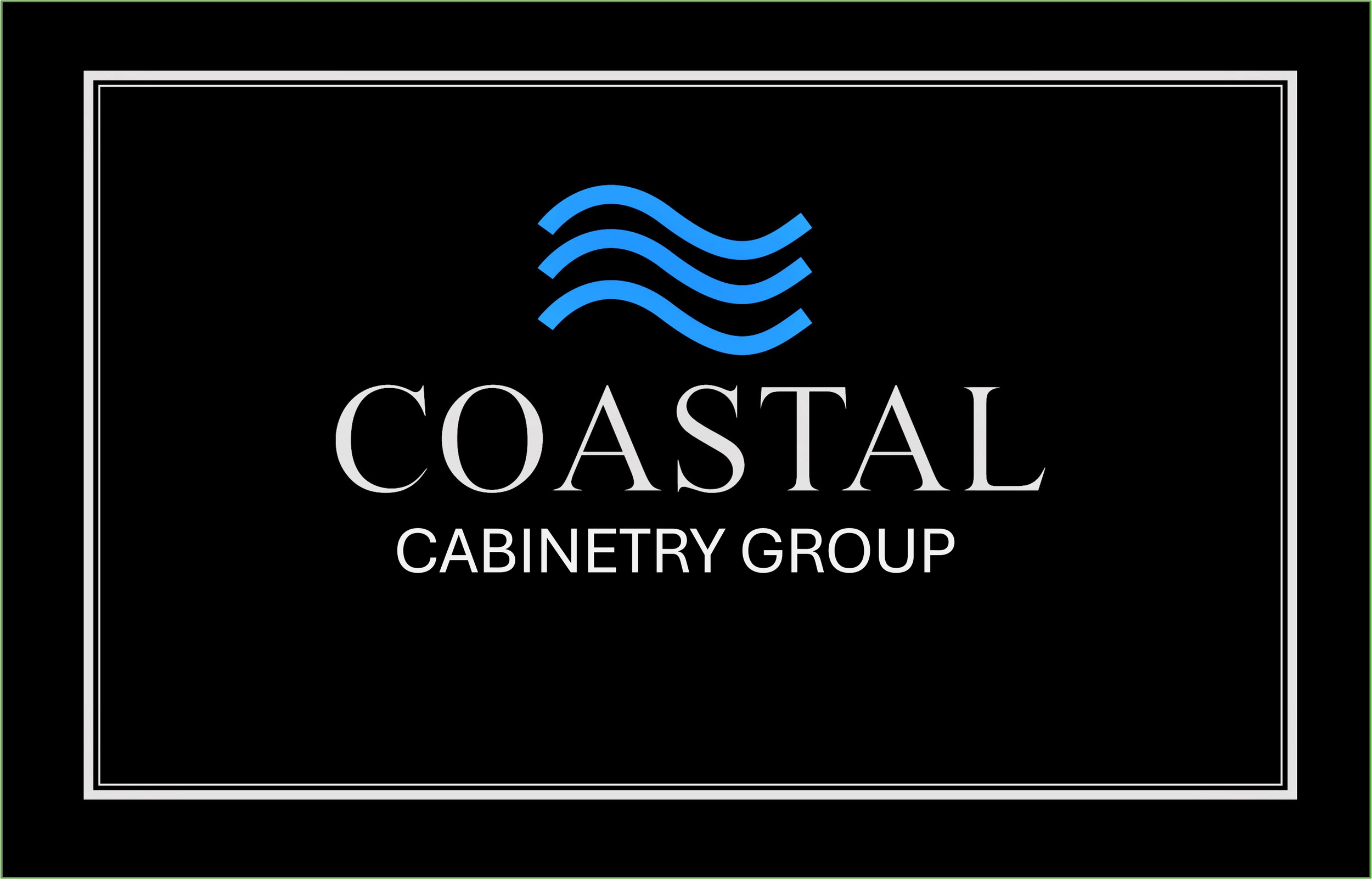 Logo with blue wavy lines above the text 'COASTAL CABINETRY GROUP' on a black background