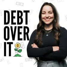 A smiling woman with long dark hair standing with arms crossed in front of a white background with the text 'DEBT OVER IT' and a small green plant with a dollar sign