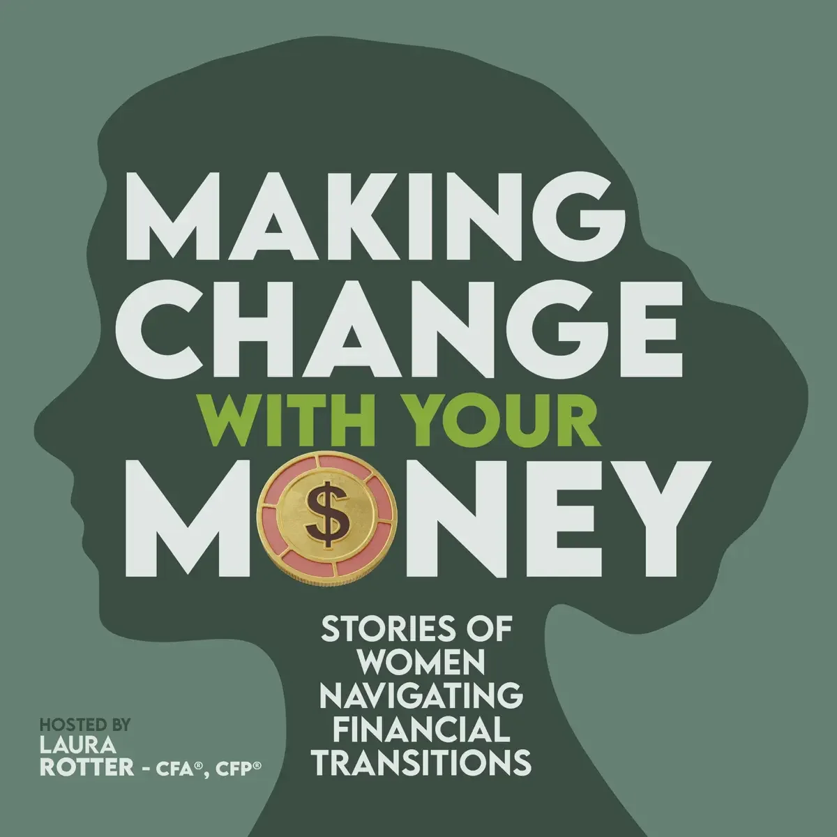 Book cover titled 'Making Change with Your Money: Stories of Women Navigating Financial Transitions' hosted by Laura Rotter featuring a silhouette of a woman's profile with a dollar coin inside the letter 'O' in 'Money'.