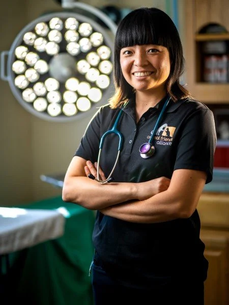 A smiling female veterinarian in scrubs with a stethoscope around her neck standing in an operating room with surgical lights and medical equipment.