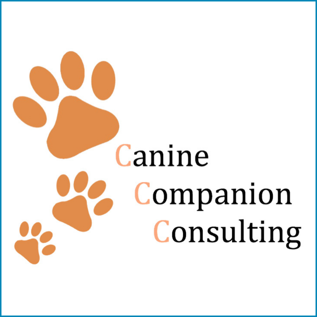 Logo for 'Canine Companion Consulting' featuring three orange paw prints of increasing size with the words 'Canine,' 'Companion,' and 'Consulting' aligned vertically, with the first letter 'C' in each word highlighted in orange.