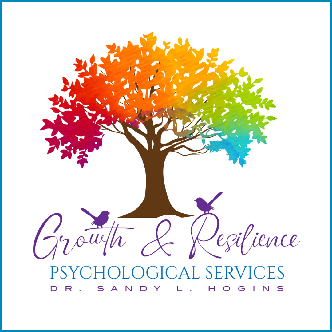 A colorful illustration of a tree with leaves in a rainbow of colors and two purple birds sitting on branches. Below the tree, the text reads 'Growth & Resilience' in purple cursive, 'Psychological Services' in blue, and 'Dr. Sandy L. Hogins' in purp