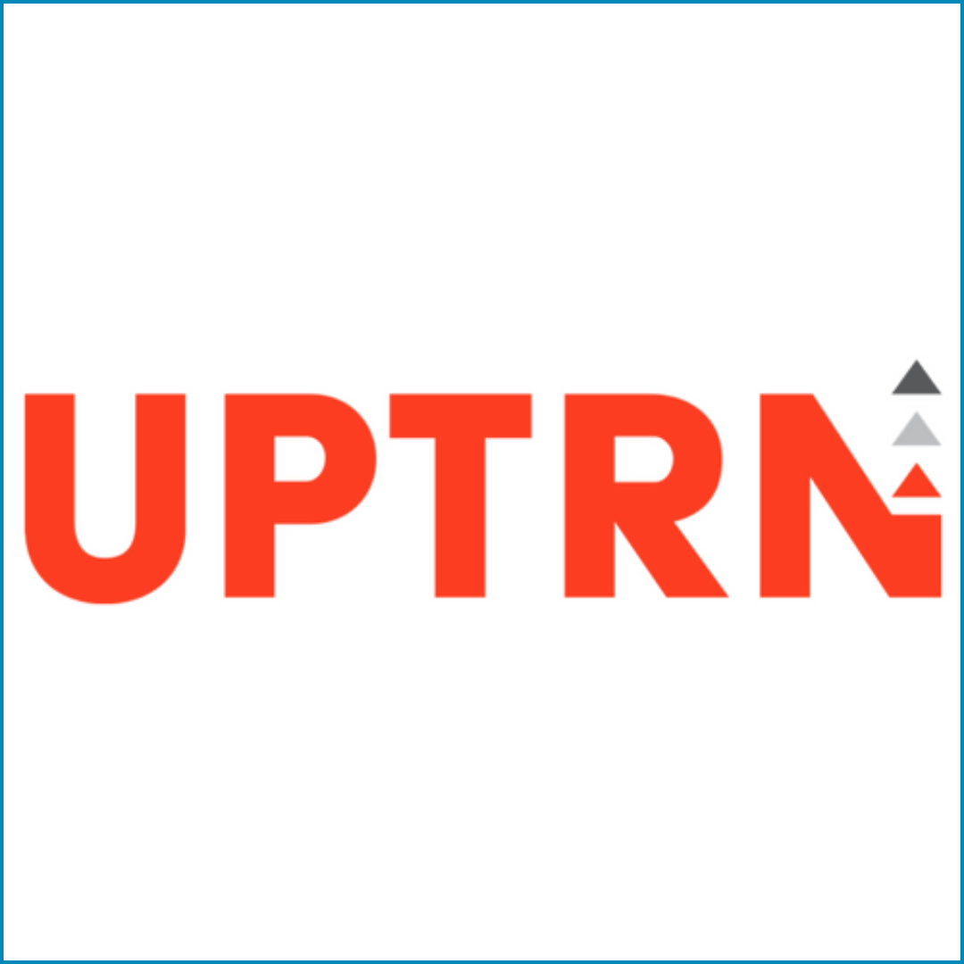 Red text spelling 'UPTRN' with gray, black, and white arrows pointing upward on a white background.