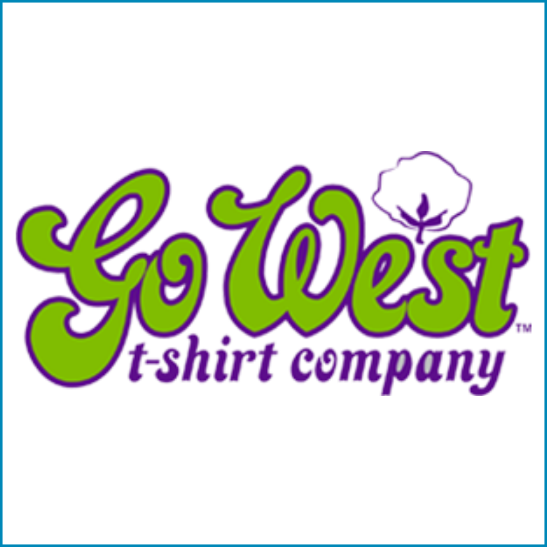 Logo for Go West T-shirt Company featuring green and purple stylized text and a cotton plant illustration.