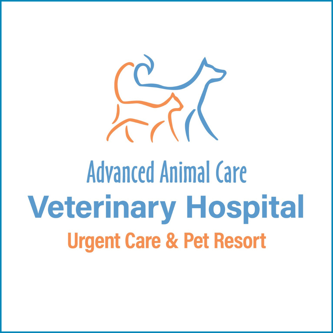 Logo for Advanced Animal Care Veterinary Hospital, featuring stylized outlines of a dog, cat, and rabbit, with text indicating urgent care and pet resort services.