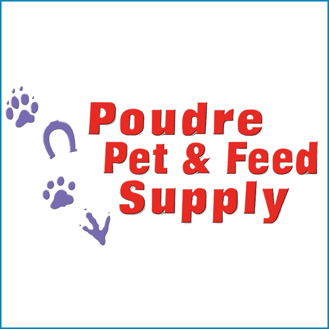 Text reading 'Poudre Pet & Feed Supply' with a purple paw print and horseshoe on a white background.