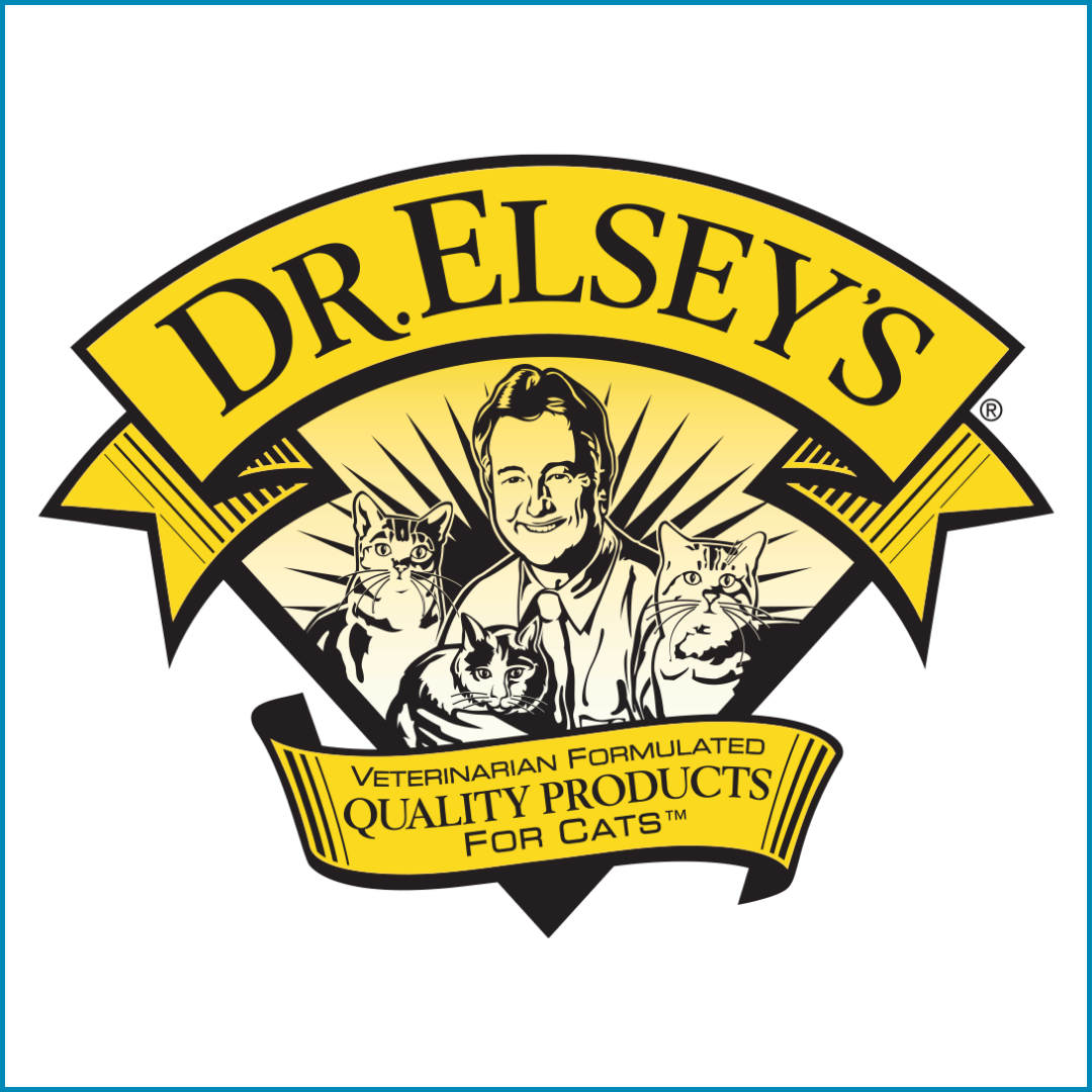 Logo for Dr. Elsey's, featuring a veterinarian smiling and surrounded by four cats, with the text 'Veterinarian formulated quality products for cats.'