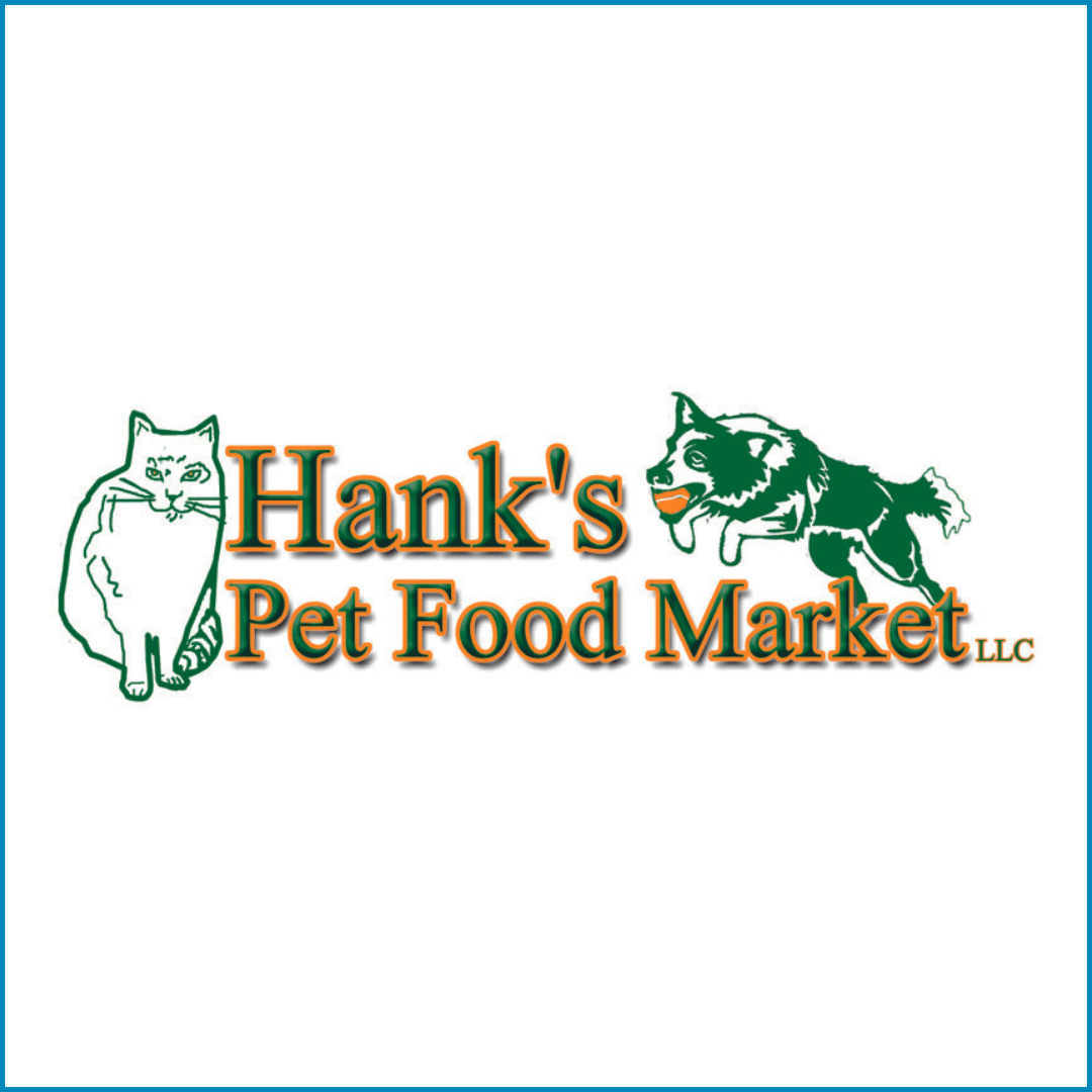 Logo for Hank's Pet Food Market featuring a cat on the left and a dog on the right, with the store name in the center.