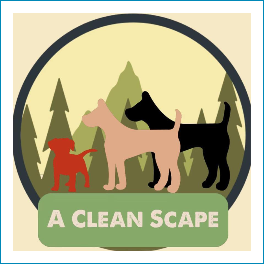 Graphic logo with silhouettes of three dogs in front of a mountain and pine trees, with the text 'A Clean Scape' at the bottom.
