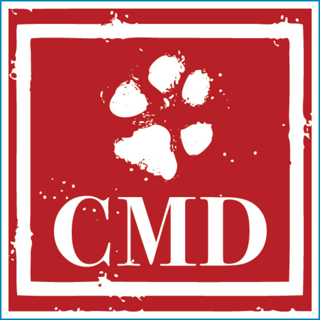 Red and white logo with the letters 'CMD' and a white paw print above them.