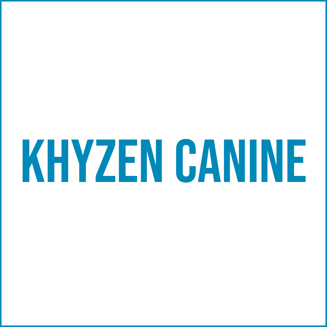 A white background with the name "Khyzen Canine" written in bold blue letters.