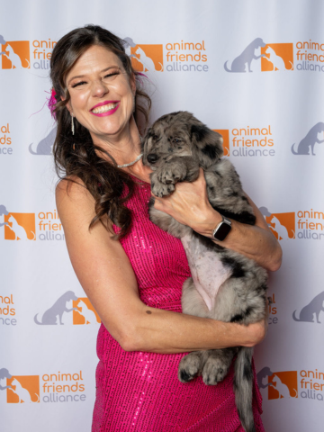 Woman smiling in a pink dress holding a gray and black puppy at an adoption event with Animal Friends Alliance backdrop.