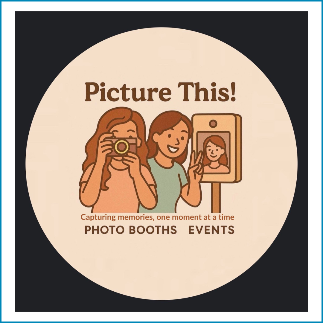 An illustration encouraging people to take photos at events and photo booths, featuring two women, one taking a picture and the other making a peace sign, in front of a photo booth with their pictures displayed.