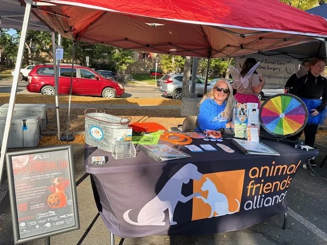 A woman dressed as a bunny at a booth for Animal Friends Alliance under a red canopy. The booth has informational materials, a colorful spinning wheel, and a sign. The setting is outdoors with parked cars and trees in the background.