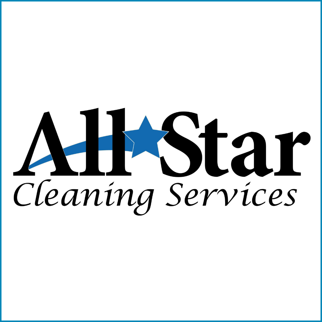 Logo for All Star Cleaning Services with black text, a blue star, and a blue swoosh on a white background.
