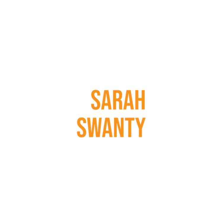 A white paw print with the name 'Sarah Swanty' in orange letters centered inside the paw.