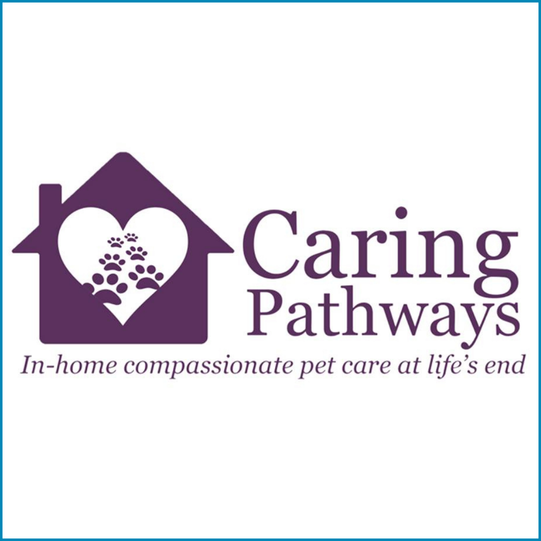Logo with a house outline and a heart inside, featuring paw prints and a purple color scheme, with the text "Caring Pathways" and the tagline "In-home compassionate pet care at life's end."