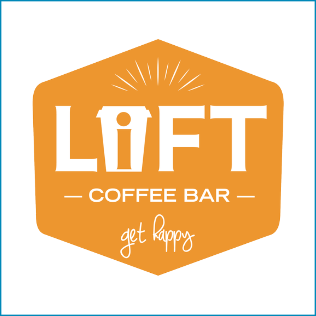 Logo of a coffee shop called 'Lift Coffee Bar' with a hexagonal orange background, white text, and a tagline 'get happy'.