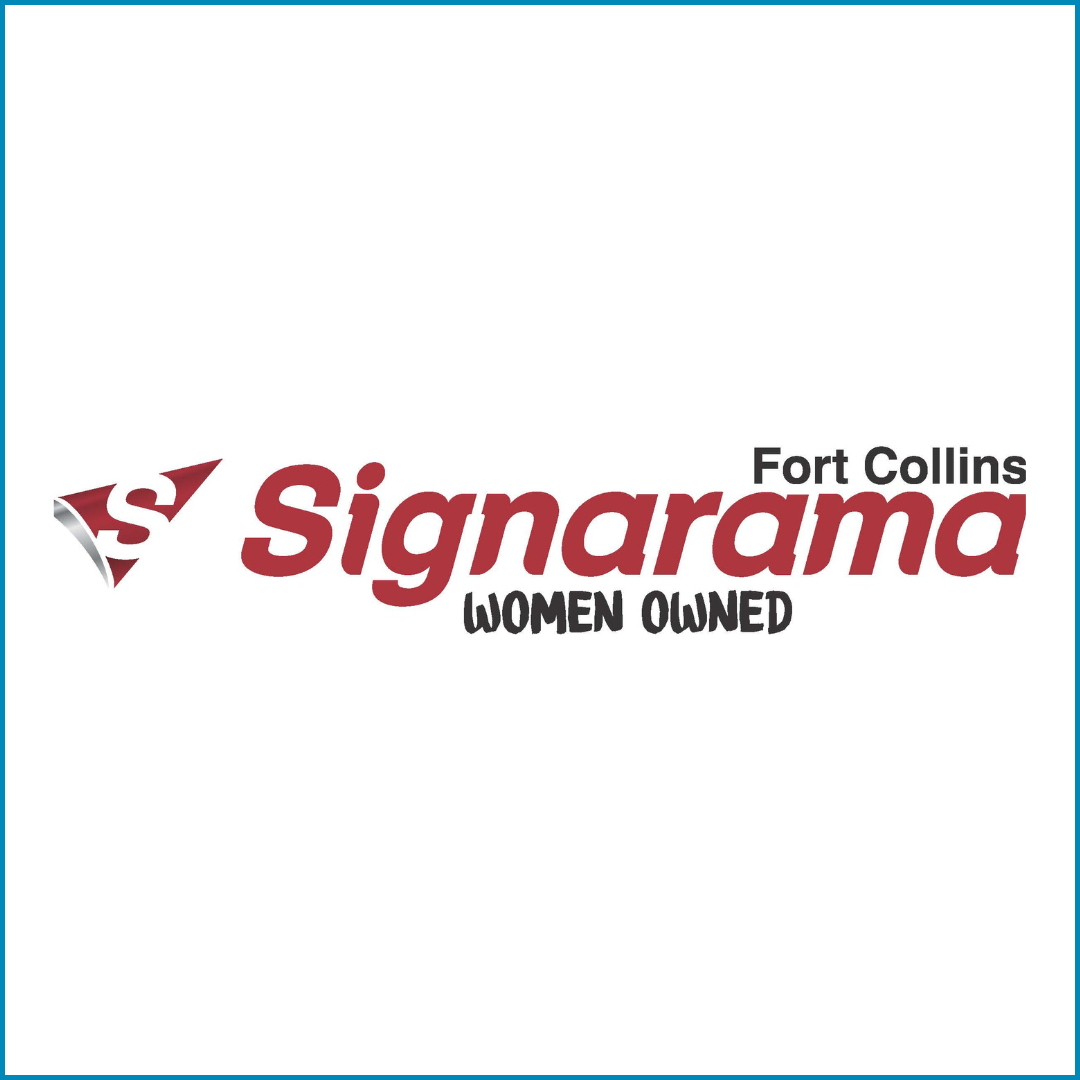Signarama logo with text highlighting Fort Collins location, women-owned business, and a stylized red and grey logo mark.