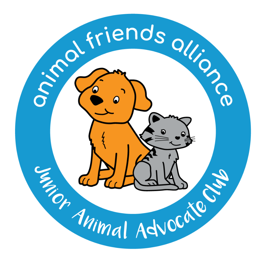 Logo for a juvenile animal advocate club featuring a cartoon dog and cat inside a blue circular border with white text that says 'animal friends alliance' and 'Junior Animal Advocate Club'.