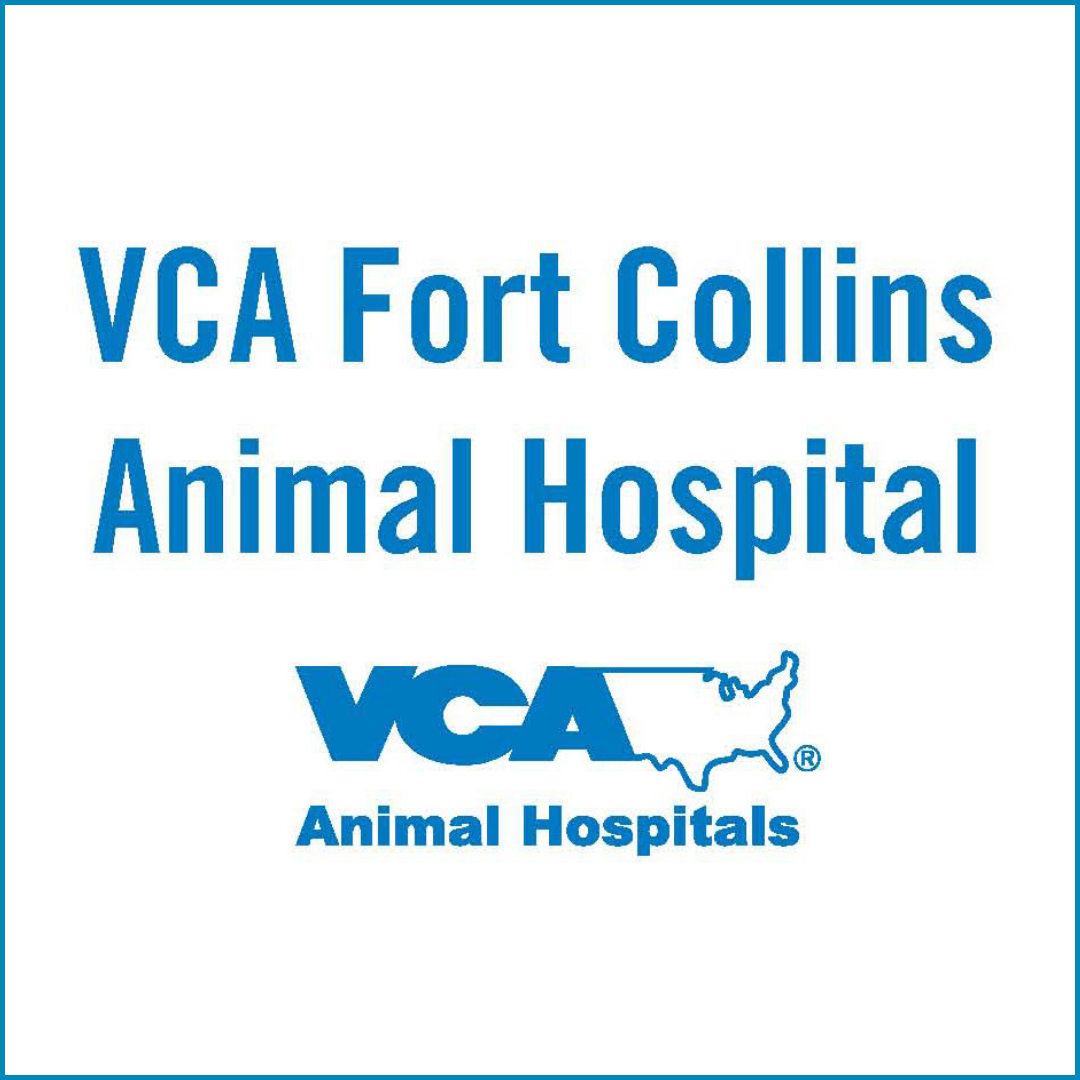 Logo for VCA Fort Collins Animal Hospital with the name and outline of the United States filled with a dog leash.