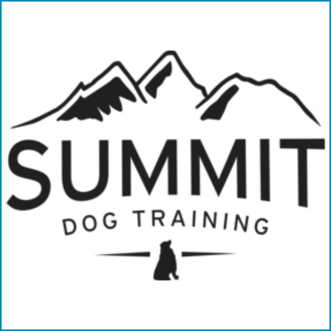Logo for Summit Dog Training featuring stylized mountain peaks, the word 'SUMMIT' in bold, and a silhouette of a dog below.