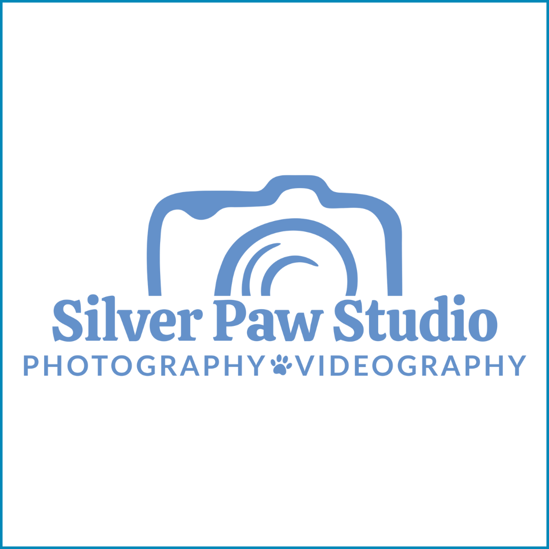 Logo for Silver Paw Studio featuring a stylized camera outline and text 'Silver Paw Studio Photography Videography', with a paw print replacing the 'O' in 'Paw'.