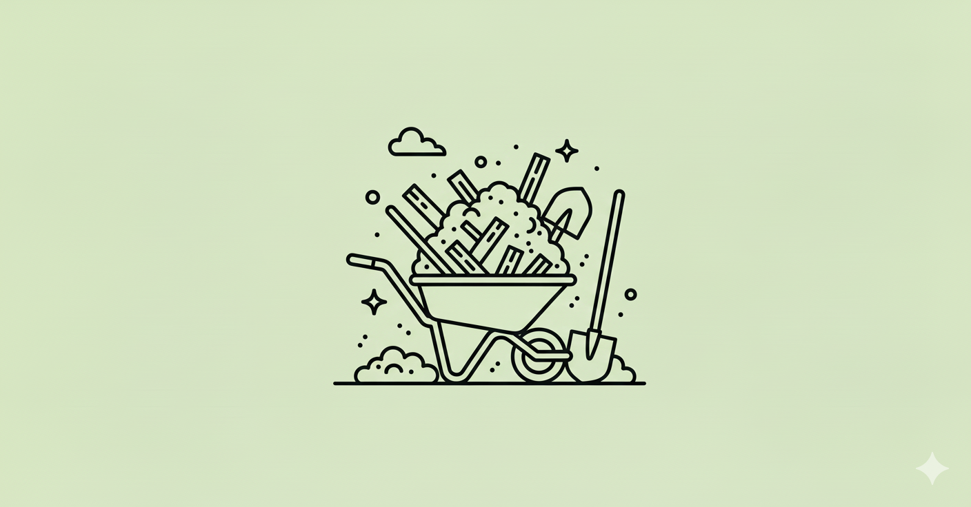 Line drawing of a wheelbarrow filled with soil and gardening tools, including a rake and shovel, with small decorative stars and clouds in the background.