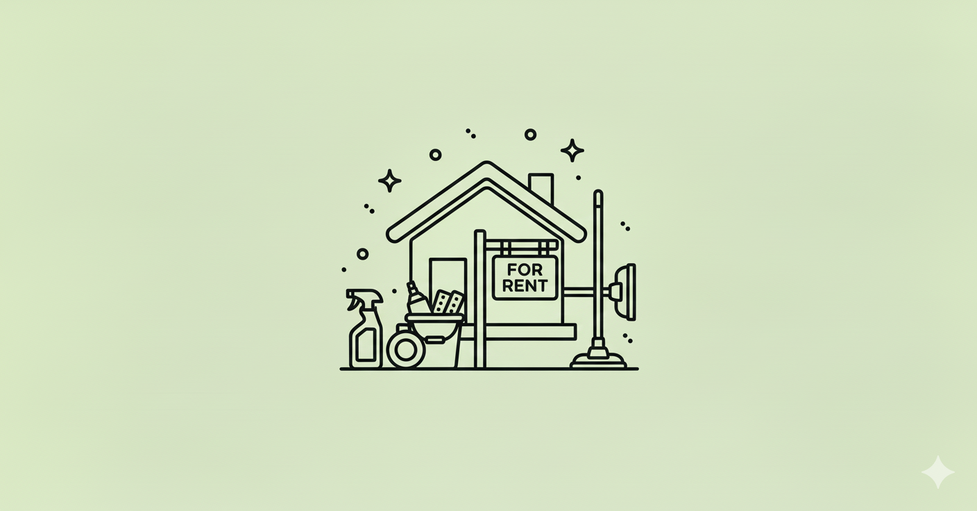 Line drawing of a house with a 'For Rent' sign in the window, surrounded by cleaning supplies and equipment.