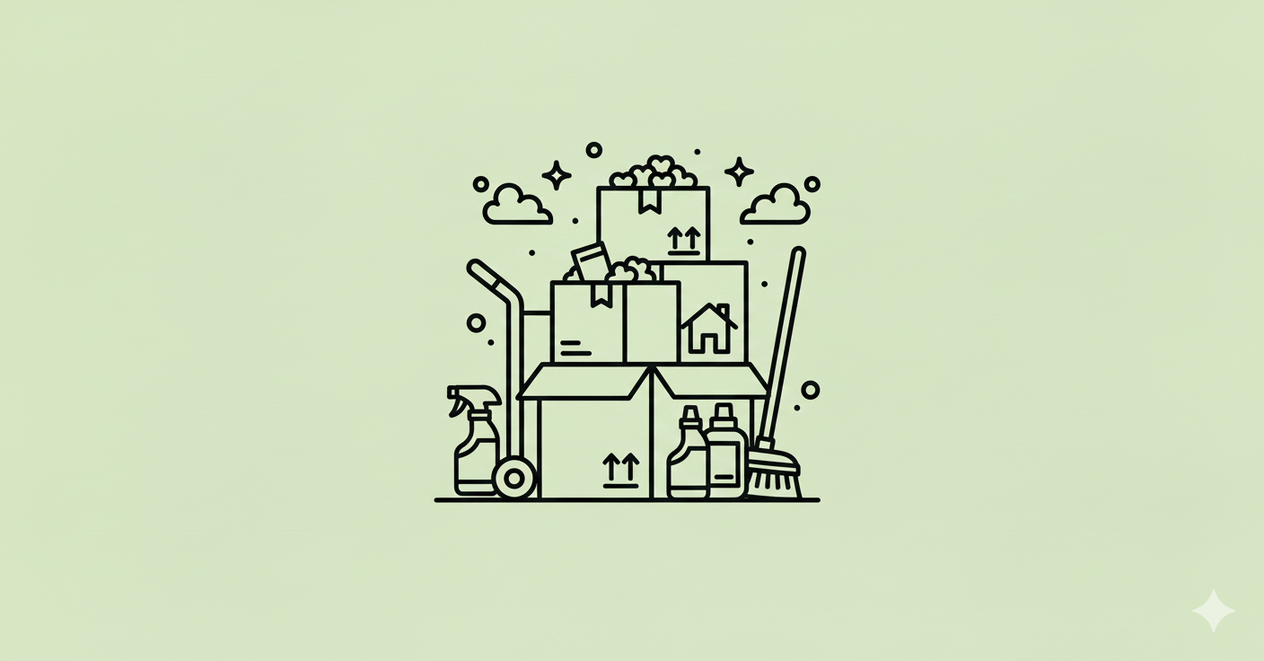 Line drawing of cleaning supplies and boxes stacked, with clouds and stars in the background.