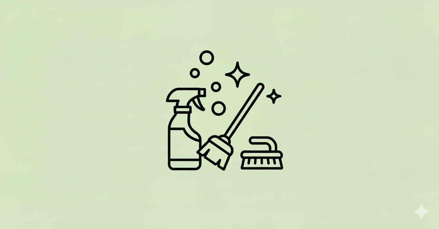 Cleaning spray bottle, sponge, and cleaning brush on a light green background.