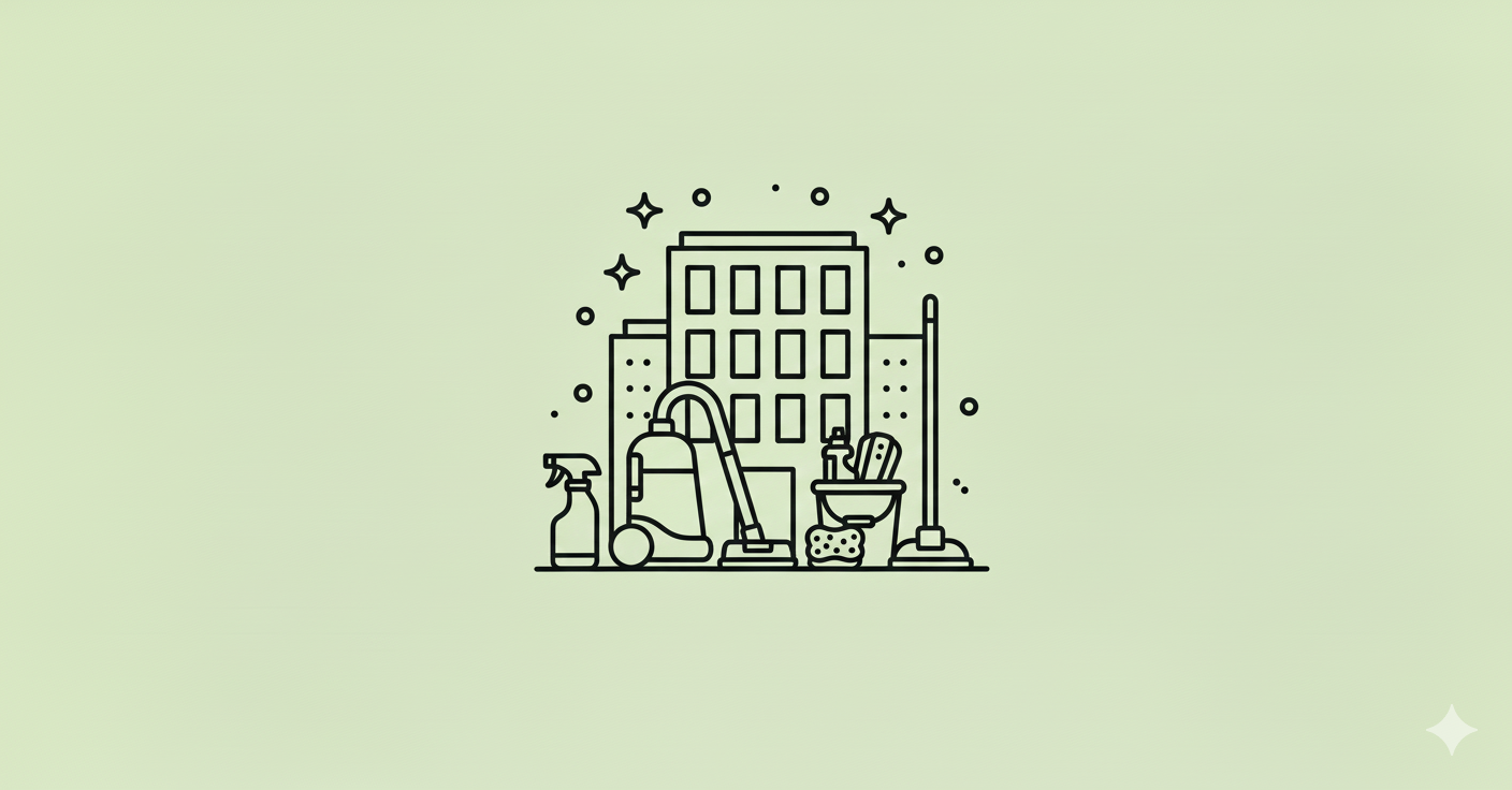 Line drawing of cleaning supplies and tools in front of a cityscape with buildings, including a spray bottle, vacuum, mop, sponge, and sponge, with sparkles around.