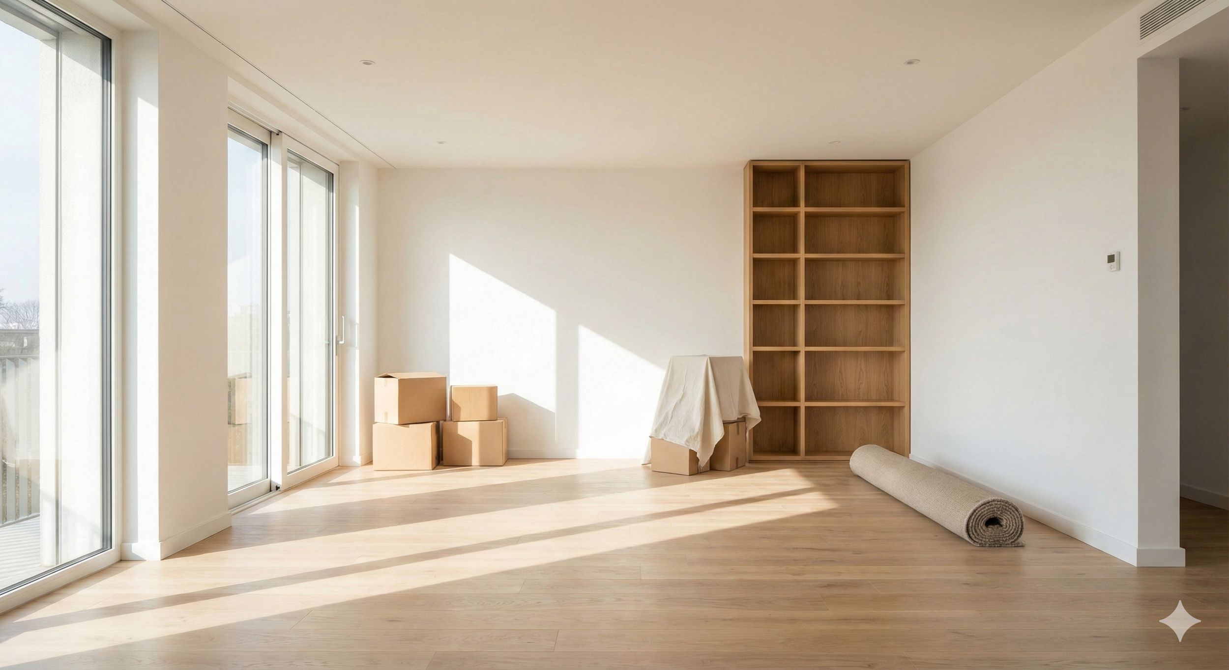 Empty room with large sliding glass doors, cardboard boxes, a wooden shelf, a rolled-up rug, and sunlight streaming in.