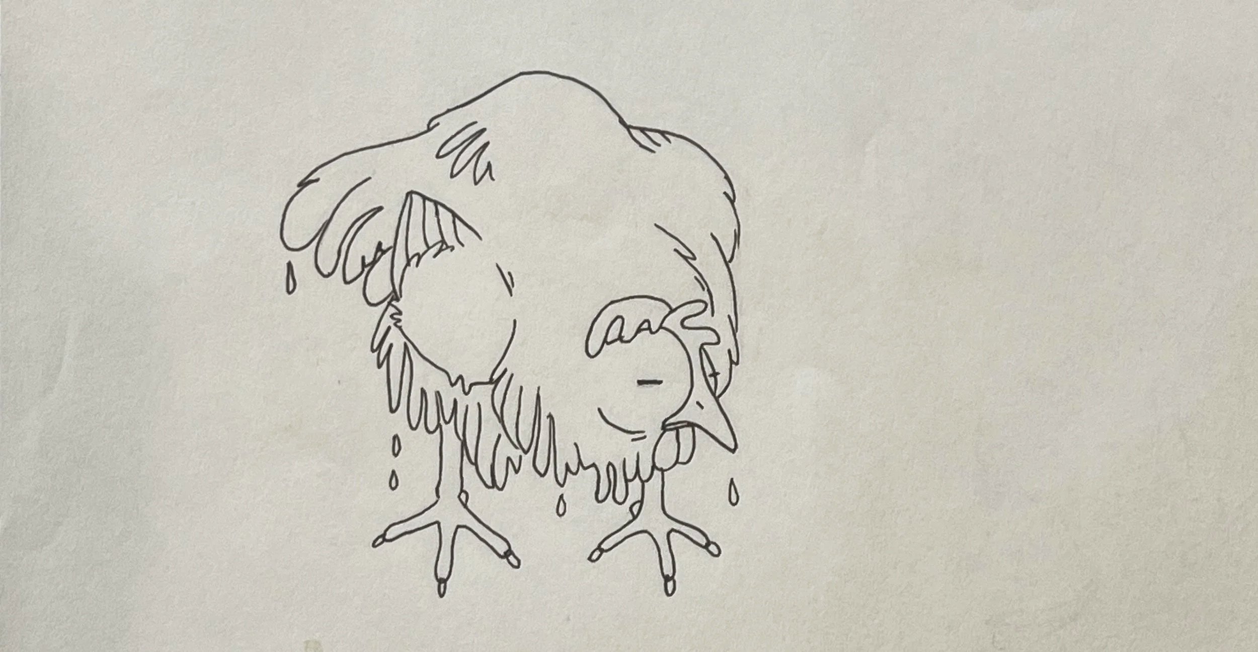 Line drawing for children's book of a chicken in the rain, with water falling from its eyes, a beak, and a crest on its head.