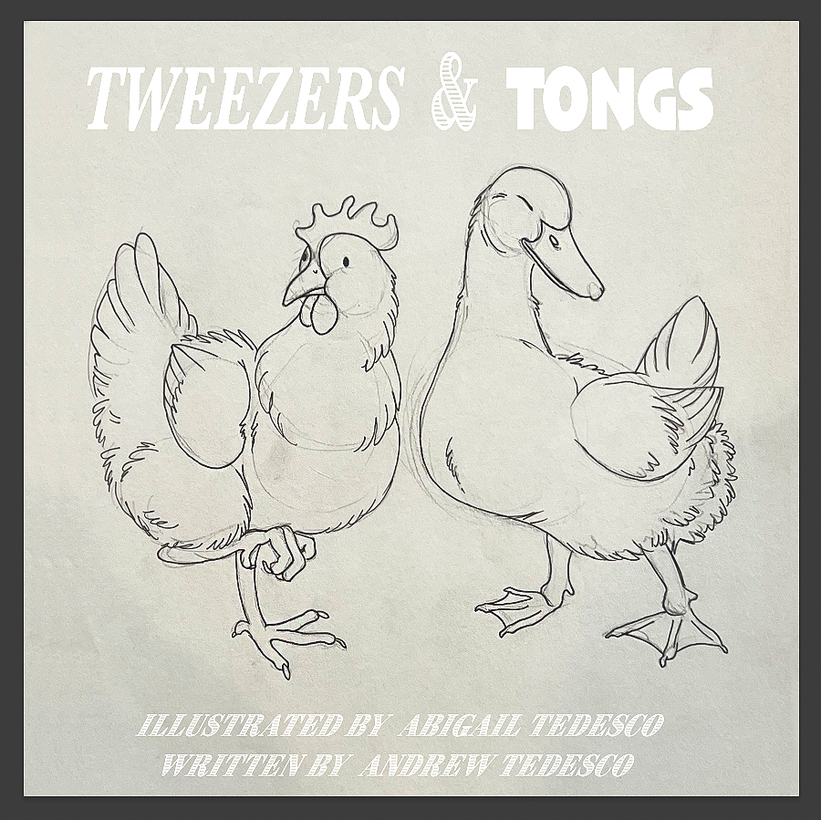 Children's book about a chicken and a duck standing side by side, with the title 'TWEEZERS & TONGS' at the top and the author and illustrator credits at the bottom.