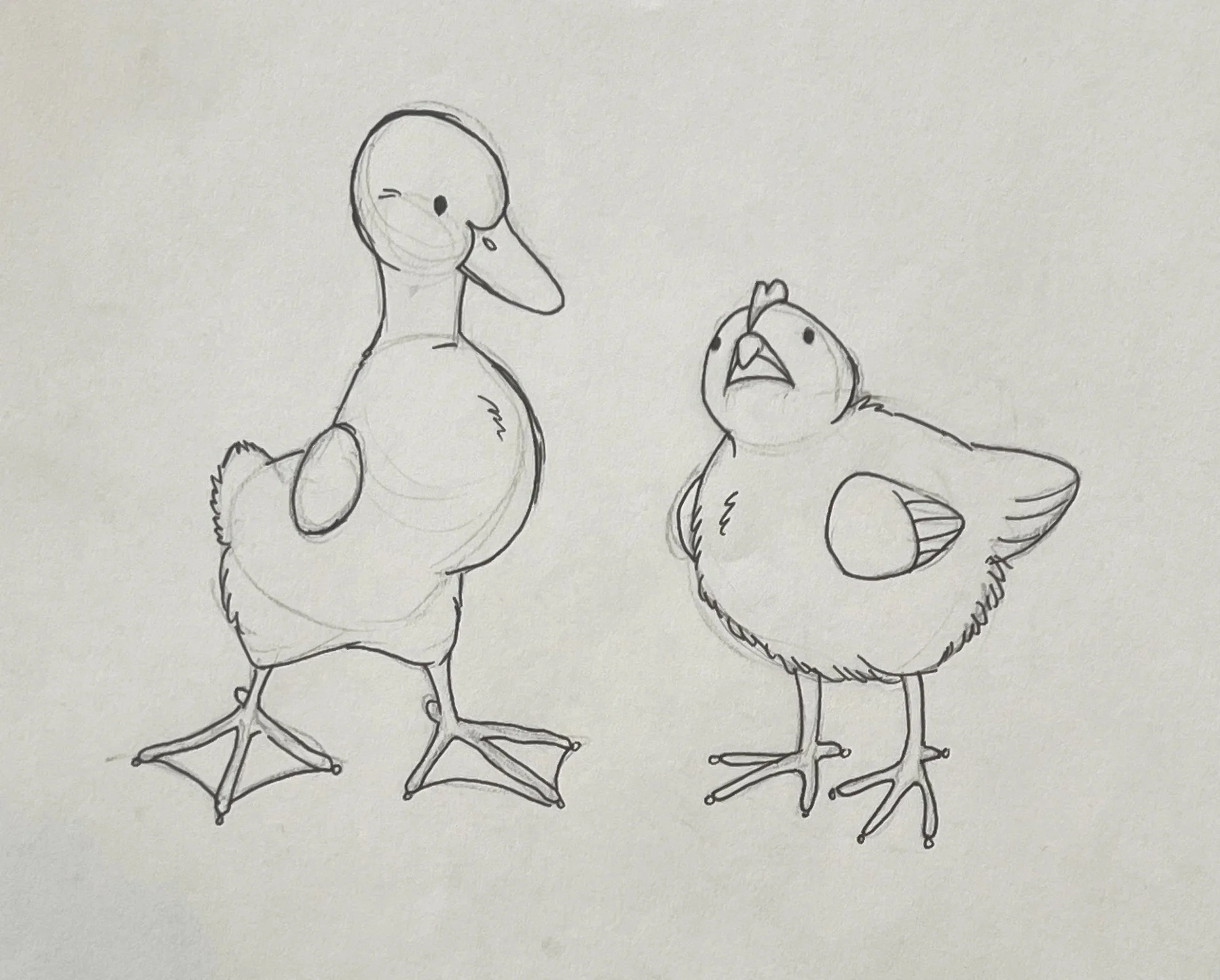 A sketch of a duck and a chick, the duck appears to be talking while the chick is looking up at it.