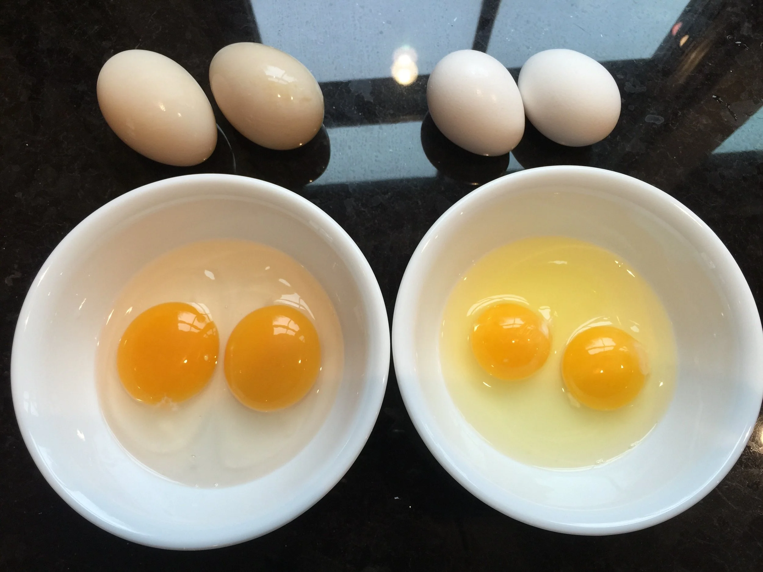 Two white bowls with raw eggs cracked into them, one with double yolk eggs and the other with regular eggs, placed on a black countertop with four more whole eggs behind the bowls.