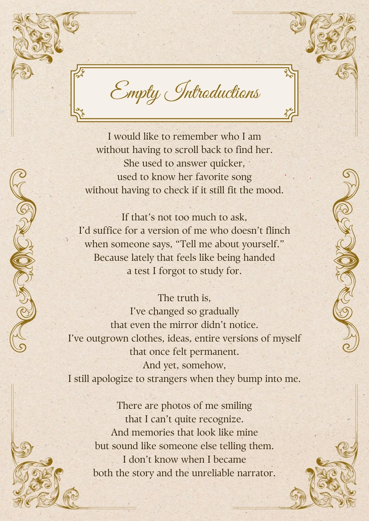 A decorative beige poem or message titled 'Empty Introductions' with ornate gold corner designs and a thin gold border, expressing personal reflections.