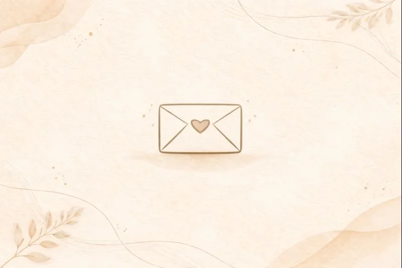 A simple, outlined envelope with a heart on it, set against a soft, beige background with light decorative leaves.