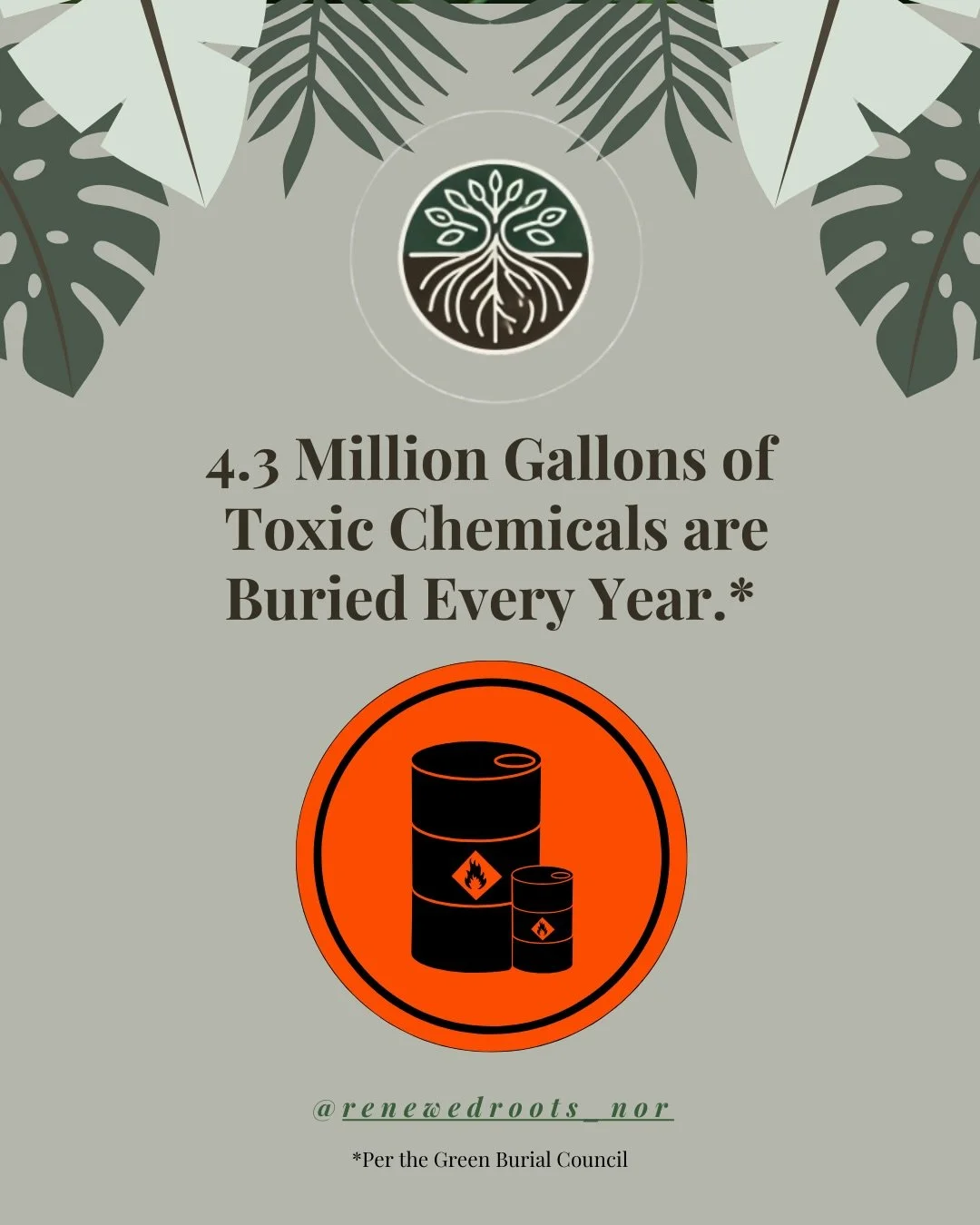 Embalming fluid which is made up of chemicals like formaldehyde, methanol, and phenol are buried in U.S. cemeteries. ☠️ 

The chemicals from embalming fluid leach into the soil and groundwater, disrupting the microorganisms that keep soil healthy and