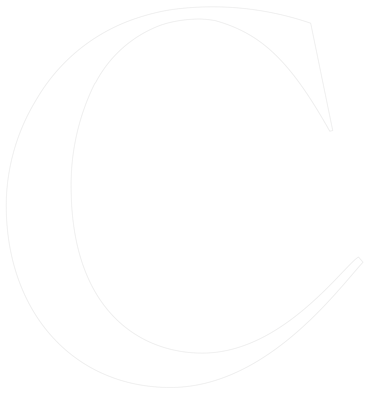 Blank white background with faint gray outline of a large letter C.