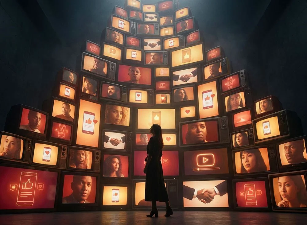 A woman standing in front of a large, curved wall of old television screens displaying social media icons, people's faces, and handshake images, creating a digital and social media-themed installation.